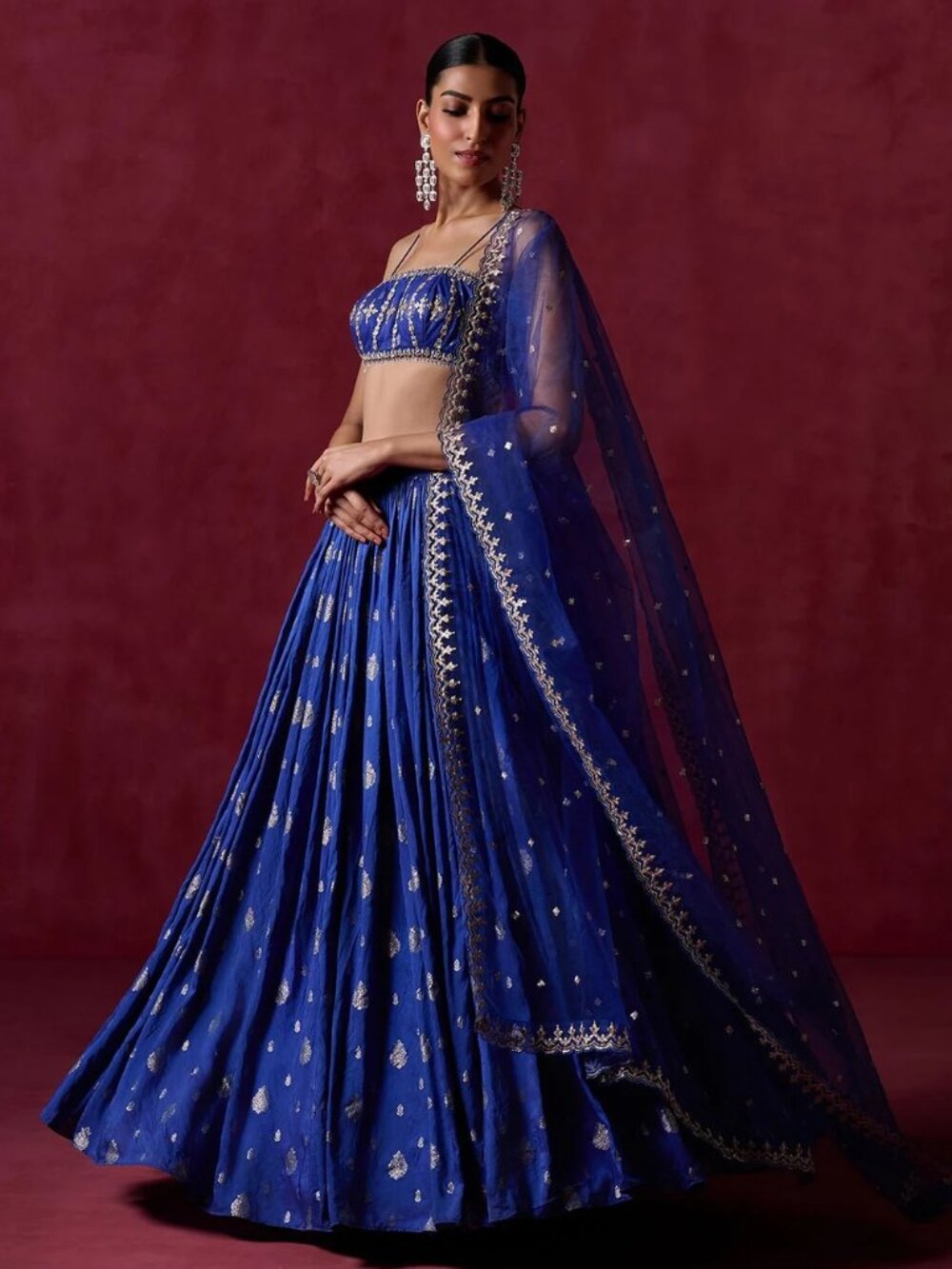 Lashkaraa Royal Blue Embroidered Brocade Lehenga - Picture 2 of 7